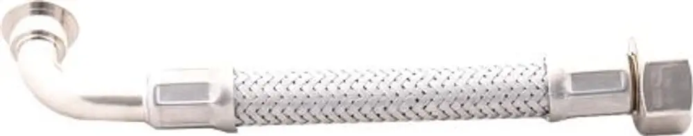 Schlauch mit gebogener Metallverbindung und flexiblem Gewebe, passend für Druckausdehnungsgefäße von Wolf, zur Sicherstellung der Druckstabilität in Heizsystemen.